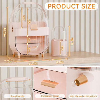 Countertop Makeup Organizer for Vanity,Large Capacity Skincare Organizers With Drawers and Makeup Brush Holder,Cosmetic Display Cases with Clear Cover for Bathroom,Dresser,Beauty Product,Pink