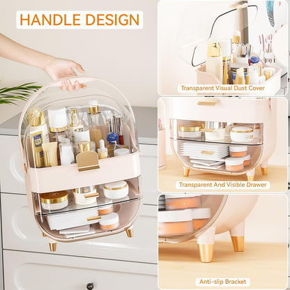 Countertop Makeup Organizer for Vanity,Large Capacity Skincare Organizers With Drawers and Makeup Brush Holder,Cosmetic Display Cases with Clear Cover for Bathroom,Dresser,Beauty Product,Pink