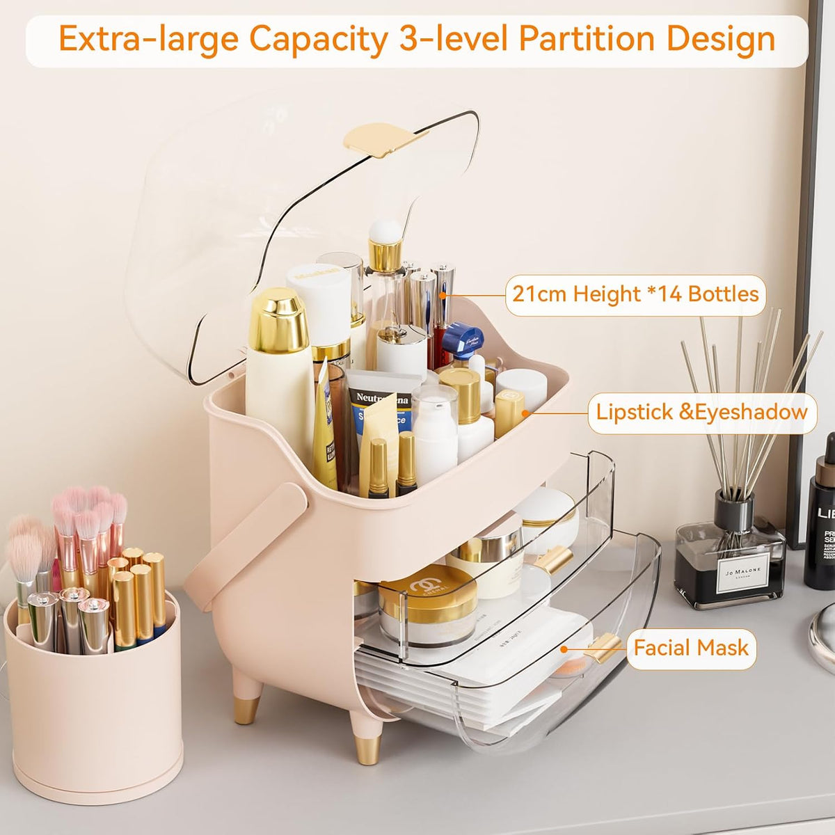 Countertop Makeup Organizer for Vanity,Large Capacity Skincare Organizers With Drawers and Makeup Brush Holder,Cosmetic Display Cases with Clear Cover for Bathroom,Dresser,Beauty Product,Pink