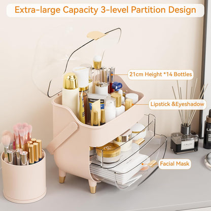 Countertop Makeup Organizer for Vanity,Large Capacity Skincare Organizers With Drawers and Makeup Brush Holder,Cosmetic Display Cases with Clear Cover for Bathroom,Dresser,Beauty Product,Pink