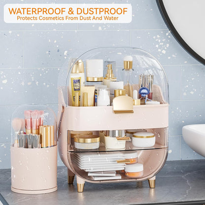 Countertop Makeup Organizer for Vanity,Large Capacity Skincare Organizers With Drawers and Makeup Brush Holder,Cosmetic Display Cases with Clear Cover for Bathroom,Dresser,Beauty Product,Pink