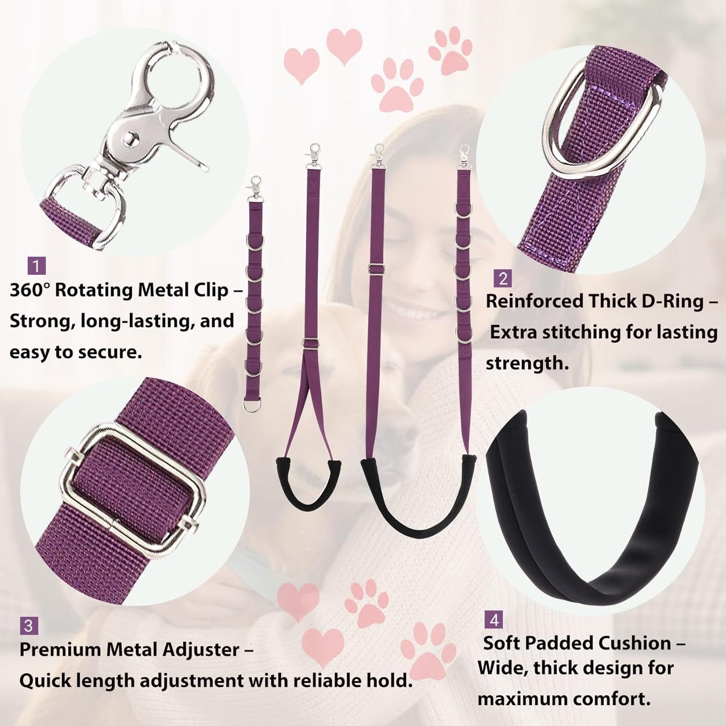 Dog Grooming Belly Straps Belly Band & Loop Extension Set - Adjustable & Comfortable Grooming Tools for Pet Grooming Tables Arms and All Dog Breeds (Purple)