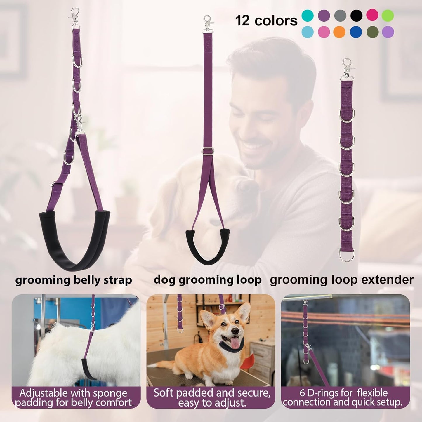 Dog Grooming Belly Straps Belly Band & Loop Extension Set - Adjustable & Comfortable Grooming Tools for Pet Grooming Tables Arms and All Dog Breeds (Purple)