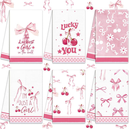 6 Pieces Pink Coquette Kitchen Dish Towel Bow Cherry Aesthetic Hand Towels Set for Kitchen Bathroom Decoration Preppy Novelty Pink Gifts for Women