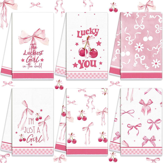 6 Pieces Pink Coquette Kitchen Dish Towel Bow Cherry Aesthetic Hand Towels Set for Kitchen Bathroom Decoration Preppy Novelty Pink Gifts for Women