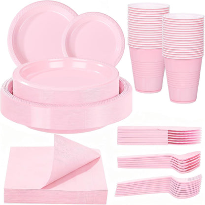 210Pcs Pink Plastic Plates,Disposable Pink Plates for Party