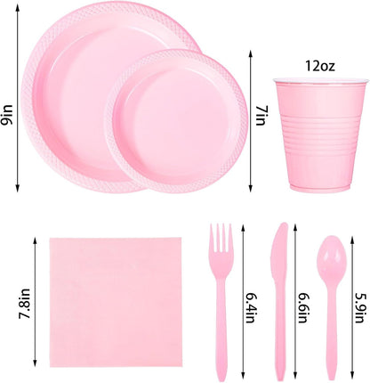 210Pcs Pink Plastic Plates,Disposable Pink Plates for Party