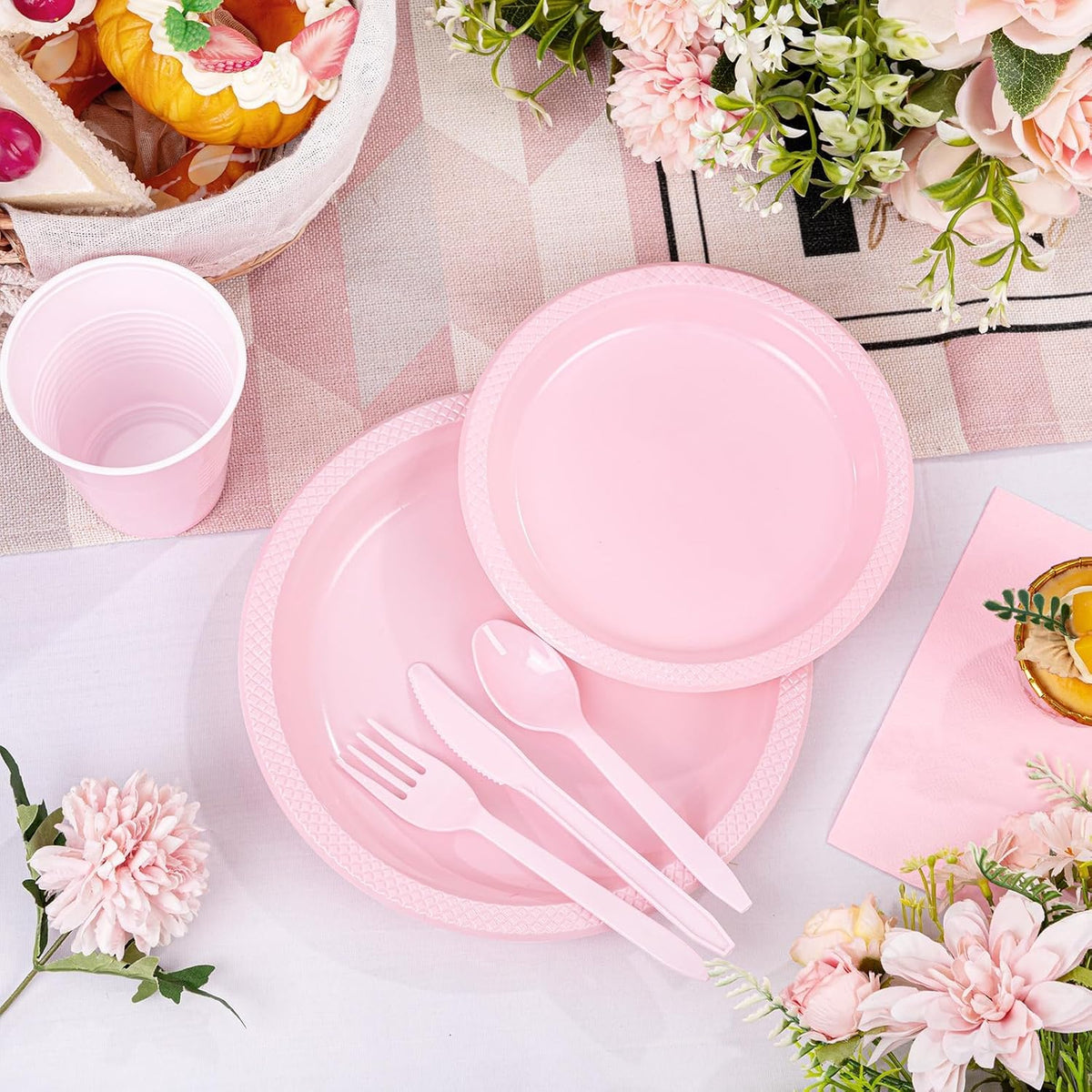 210Pcs Pink Plastic Plates,Disposable Pink Plates for Party