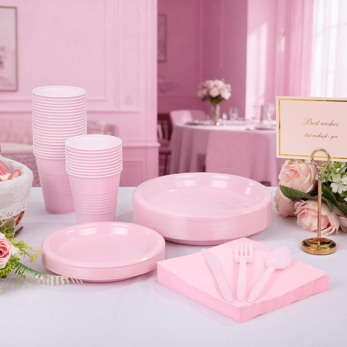 210Pcs Pink Plastic Plates,Disposable Pink Plates for Party