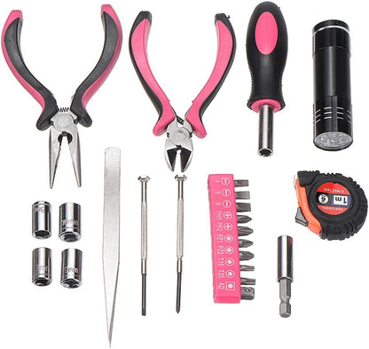 23 Pcs Ladies Pink Tool Kit, Screwdriver Household Tool, Pink Multi-function Repairing Tool Kit, Plier Screw Tape Measure Tool