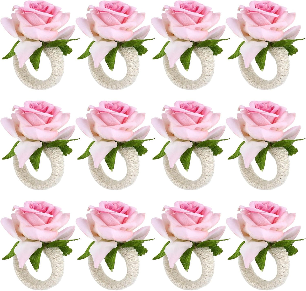 12 Pcs Pink Napkin Rings with Rose Design, Elegant Flower Napkin Rings for Wedding Banquet Party and Table Decor Arrangements Birthday Christmas Valentine's Thanksgiving Dinners (Pink Rose)