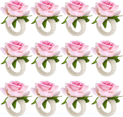 12 Pcs Pink Napkin Rings with Rose Design, Elegant Flower Napkin Rings for Wedding Banquet Party and Table Decor Arrangements Birthday Christmas Valentine's Thanksgiving Dinners (Pink Rose)