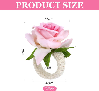 12 Pcs Pink Napkin Rings with Rose Design, Elegant Flower Napkin Rings for Wedding Banquet Party and Table Decor Arrangements Birthday Christmas Valentine's Thanksgiving Dinners (Pink Rose)