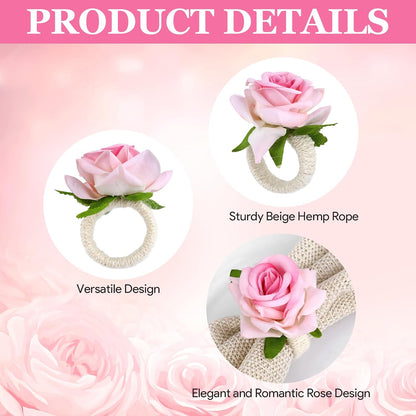12 Pcs Pink Napkin Rings with Rose Design, Elegant Flower Napkin Rings for Wedding Banquet Party and Table Decor Arrangements Birthday Christmas Valentine's Thanksgiving Dinners (Pink Rose)