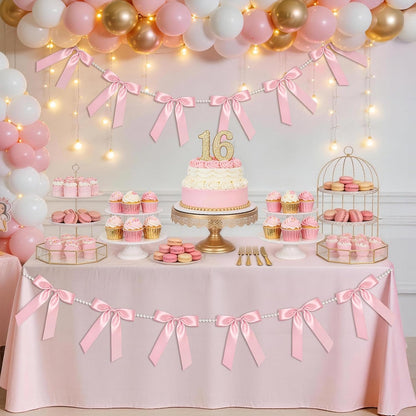 2 Strings Pink Bow Garland Banner, Pre-Strung Satin Ribbon with 6.5ft Pearl Chain for Coquette Birthday, Bridal Shower, Bachelorette Party, Baby Shower, Engagement, Graduation & Anniversary Decor
