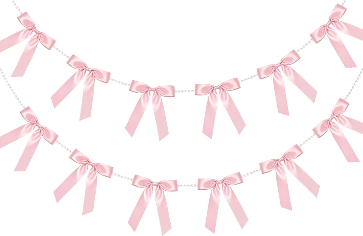 2 Strings Pink Bow Garland Banner, Pre-Strung Satin Ribbon with 6.5ft Pearl Chain for Coquette Birthday, Bridal Shower, Bachelorette Party, Baby Shower, Engagement, Graduation & Anniversary Decor