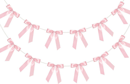 2 Strings Pink Bow Garland Banner, Pre-Strung Satin Ribbon with 6.5ft Pearl Chain for Coquette Birthday, Bridal Shower, Bachelorette Party, Baby Shower, Engagement, Graduation & Anniversary Decor