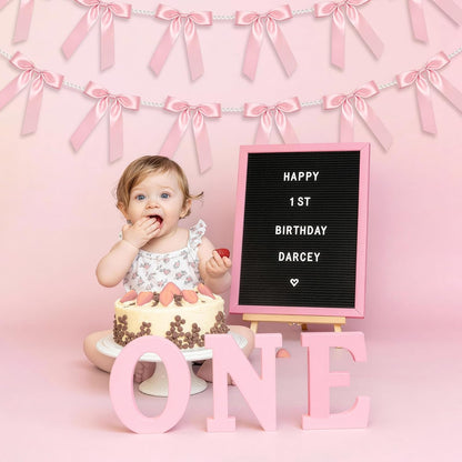 2 Strings Pink Bow Garland Banner, Pre-Strung Satin Ribbon with 6.5ft Pearl Chain for Coquette Birthday, Bridal Shower, Bachelorette Party, Baby Shower, Engagement, Graduation & Anniversary Decor