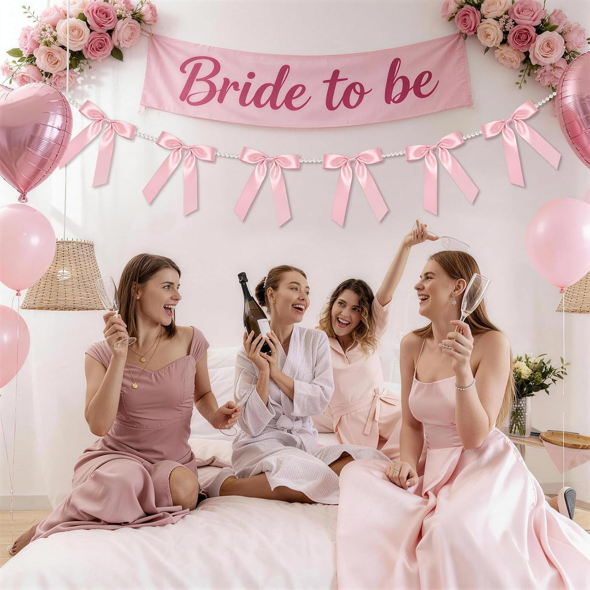 2 Strings Pink Bow Garland Banner, Pre-Strung Satin Ribbon with 6.5ft Pearl Chain for Coquette Birthday, Bridal Shower, Bachelorette Party, Baby Shower, Engagement, Graduation & Anniversary Decor