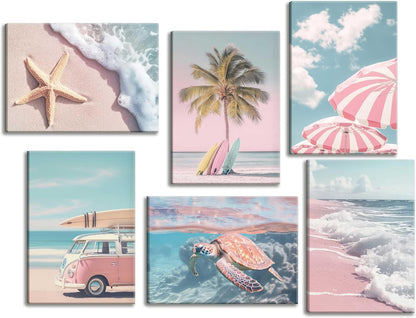 6Pcs Summer Beachy Wall Art Pink Coastal Wall Decor 8x10in Framed