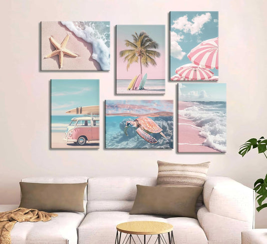 6Pcs Summer Beachy Wall Art Pink Coastal Wall Decor 8x10in Framed