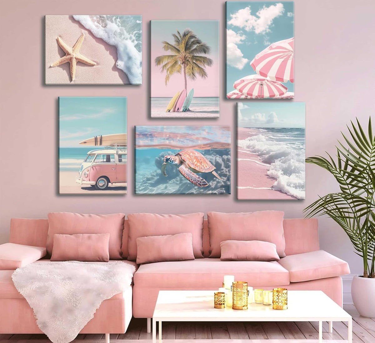 6Pcs Summer Beachy Wall Art Pink Coastal Wall Decor 8x10in Framed