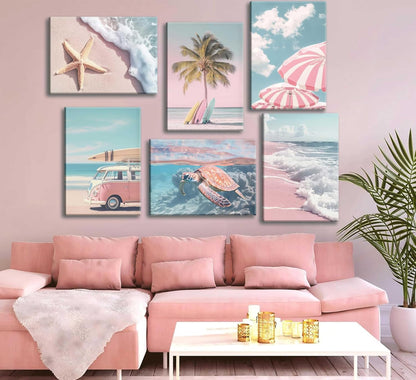6Pcs Summer Beachy Wall Art Pink Coastal Wall Decor 8x10in Framed