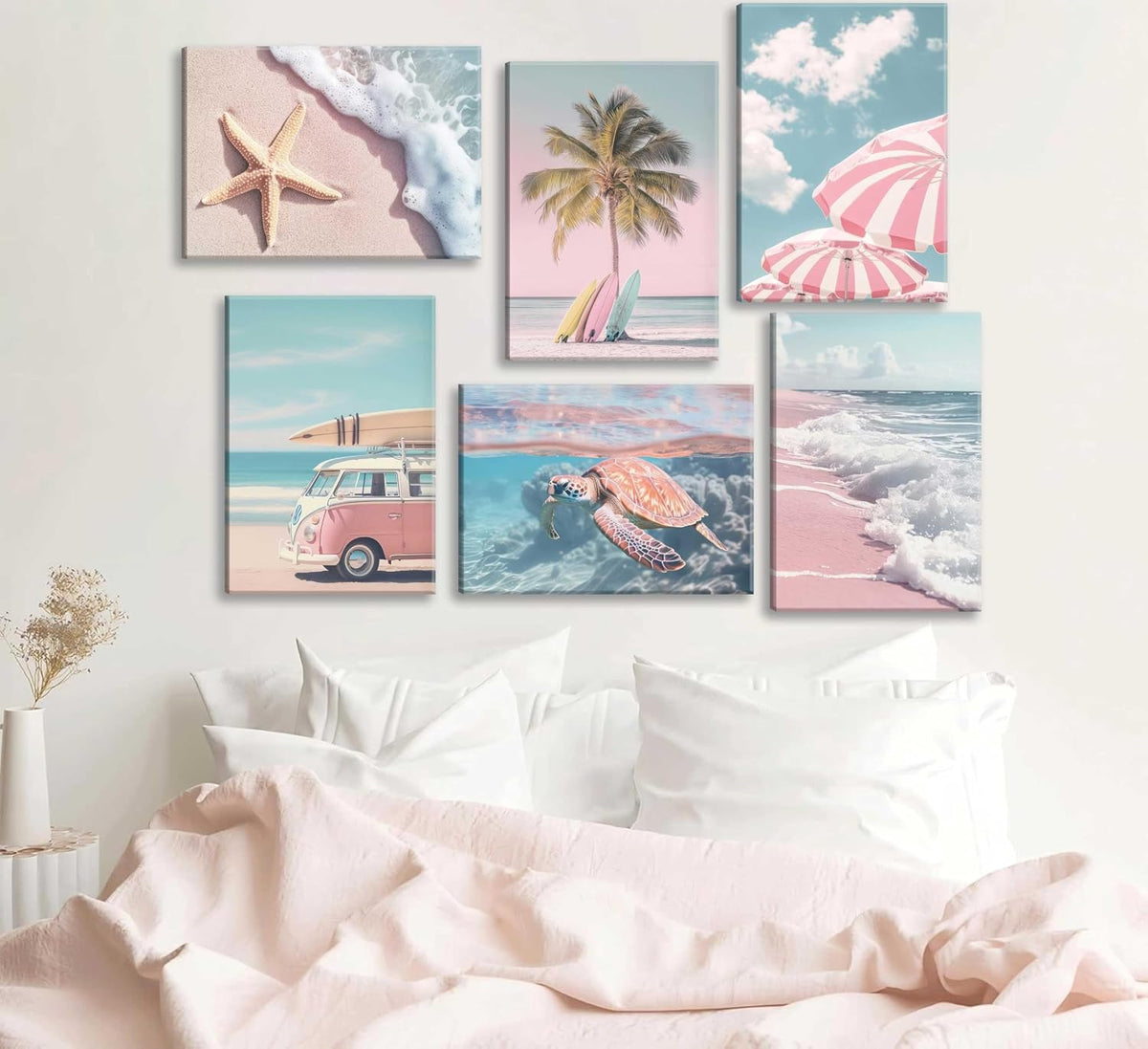 6Pcs Summer Beachy Wall Art Pink Coastal Wall Decor 8x10in Framed