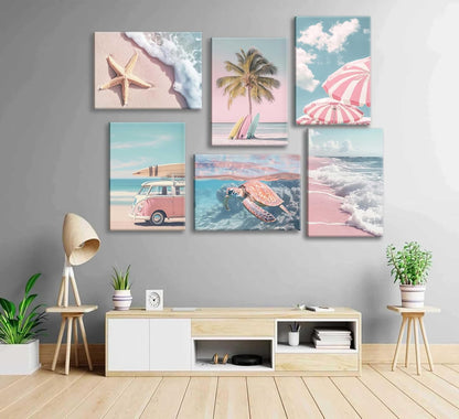 6Pcs Summer Beachy Wall Art Pink Coastal Wall Decor 8x10in Framed