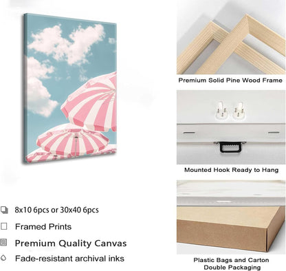 6Pcs Summer Beachy Wall Art Pink Coastal Wall Decor 8x10in Framed