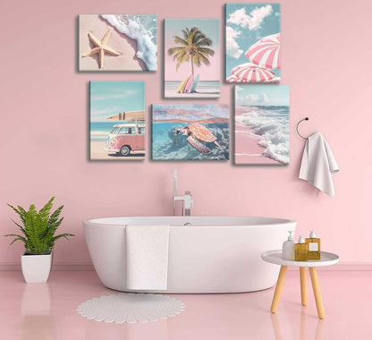 6Pcs Summer Beachy Wall Art Pink Coastal Wall Decor 8x10in Framed