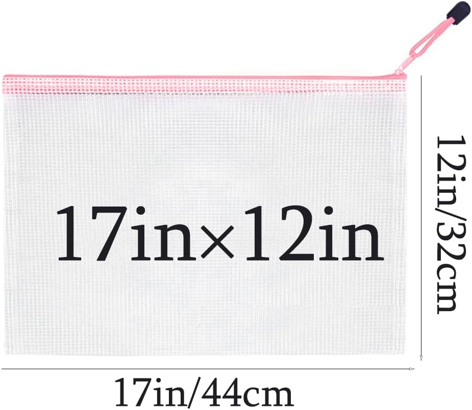 Mesh Zipper Pouch Bag, A3 Zipper File Bag for Organizing Storage, Waterproof, Pink, 17" x 12"/44cm x 32cm