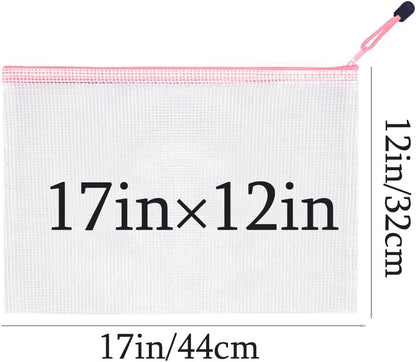 Mesh Zipper Pouch Bag, A3 Zipper File Bag for Organizing Storage, Waterproof, Pink, 17" x 12"/44cm x 32cm