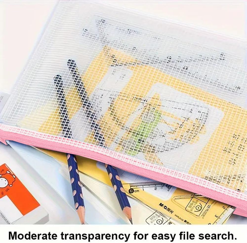 Mesh Zipper Pouch Bag, A3 Zipper File Bag for Organizing Storage, Waterproof, Pink, 17" x 12"/44cm x 32cm