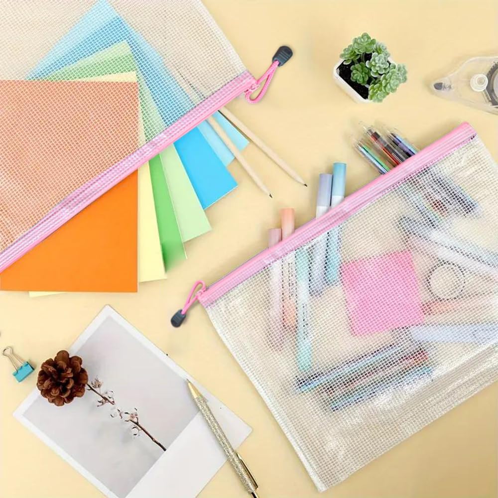 Mesh Zipper Pouch Bag, A3 Zipper File Bag for Organizing Storage, Waterproof, Pink, 17" x 12"/44cm x 32cm