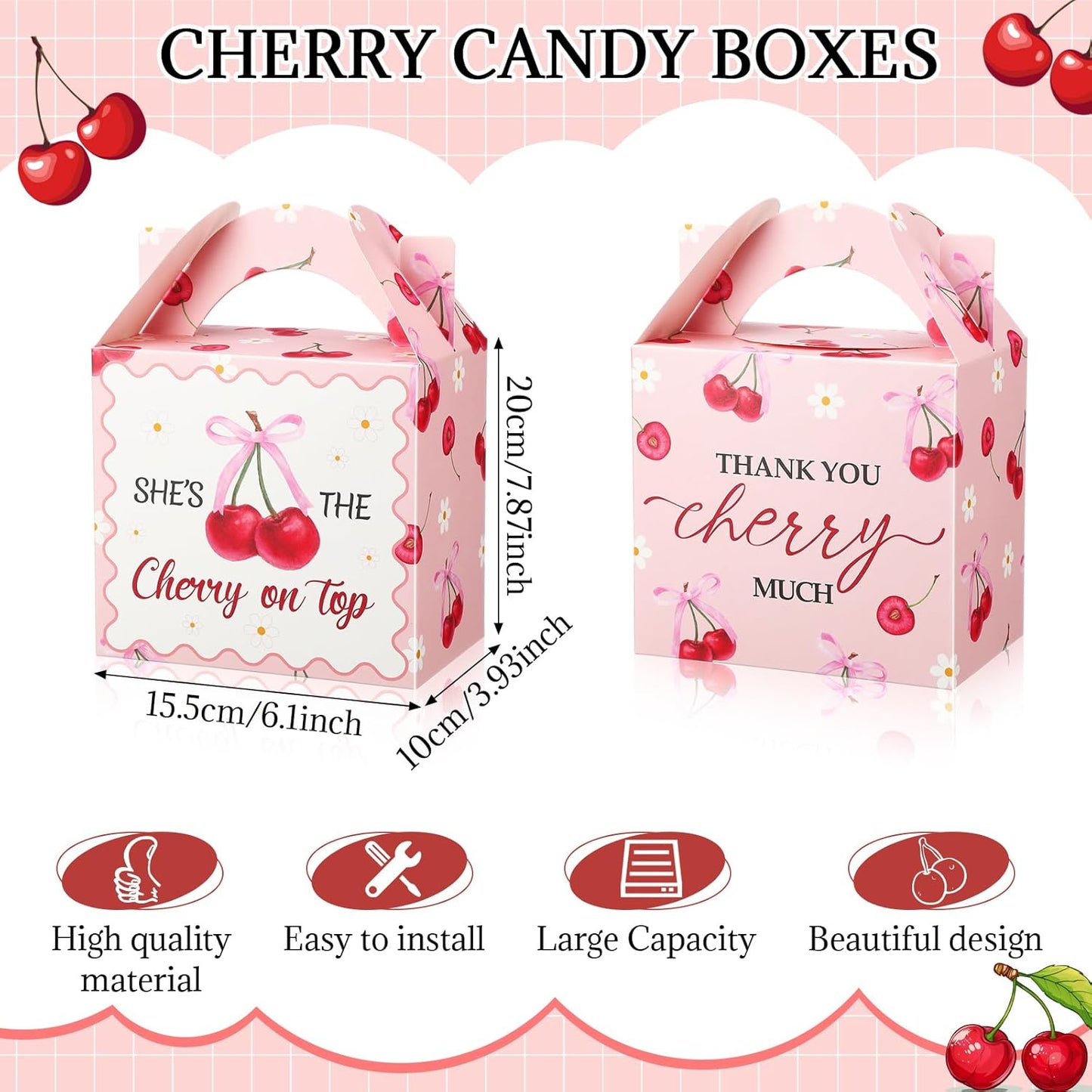 Marspark 24 Pcs Cherry Treat Boxes Pink Favor Bags with Handles She Is Cherry on the Top Candy Boxes Thank You Party Bags Gifts for Birthday Bridal Shower Baby Shower Wedding Supplies