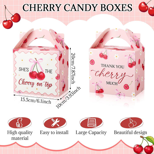 Marspark 24 Pcs Cherry Treat Boxes Pink Favor Bags with Handles She Is Cherry on the Top Candy Boxes Thank You Party Bags Gifts for Birthday Bridal Shower Baby Shower Wedding Supplies