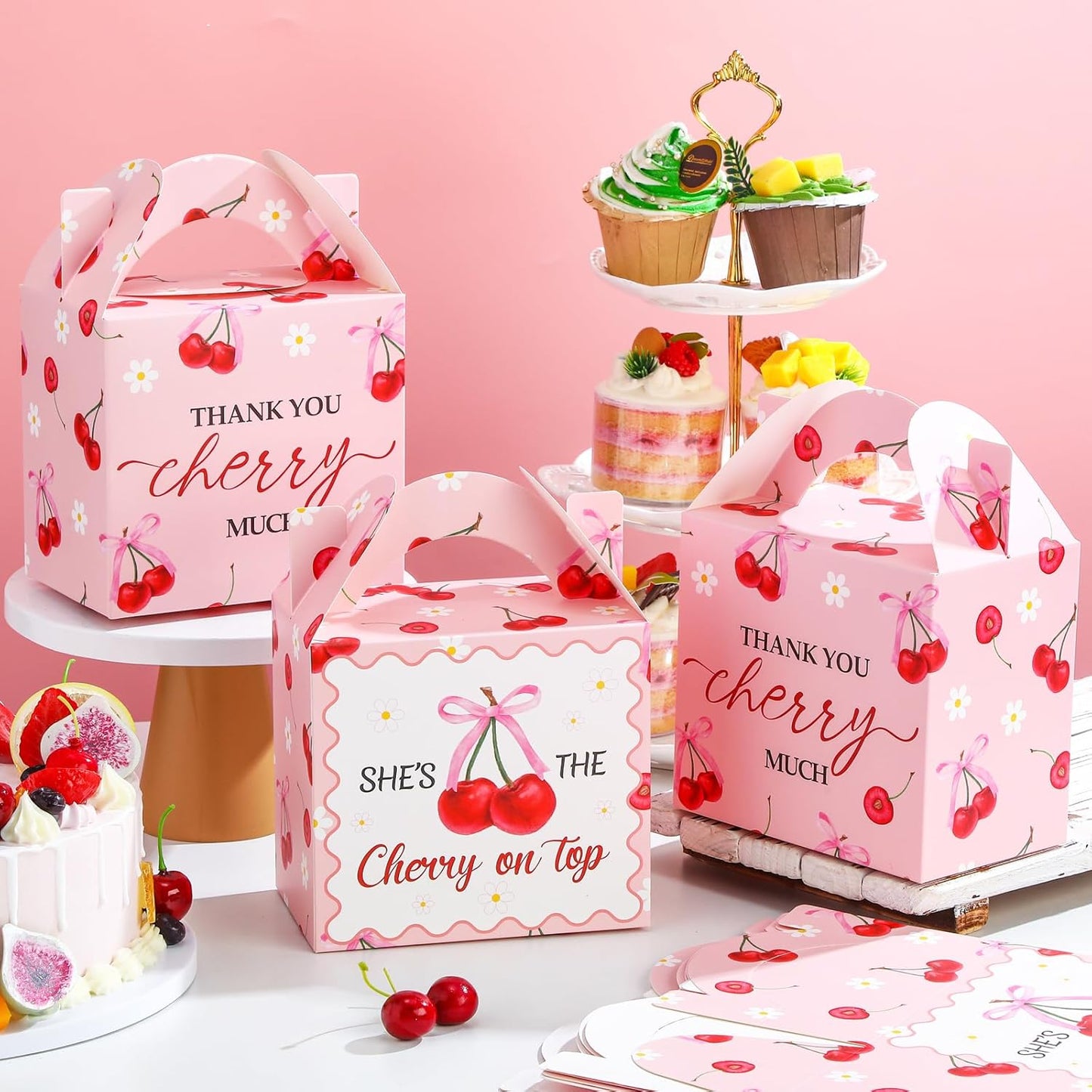 Marspark 24 Pcs Cherry Treat Boxes Pink Favor Bags with Handles She Is Cherry on the Top Candy Boxes Thank You Party Bags Gifts for Birthday Bridal Shower Baby Shower Wedding Supplies