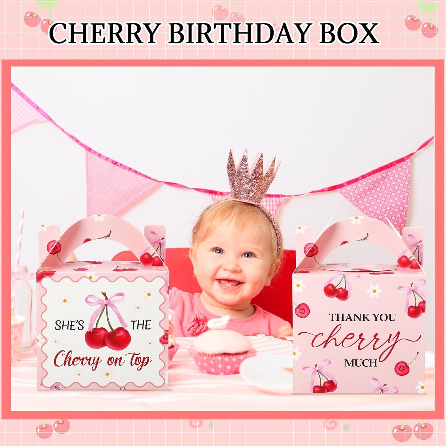 Marspark 24 Pcs Cherry Treat Boxes Pink Favor Bags with Handles She Is Cherry on the Top Candy Boxes Thank You Party Bags Gifts for Birthday Bridal Shower Baby Shower Wedding Supplies