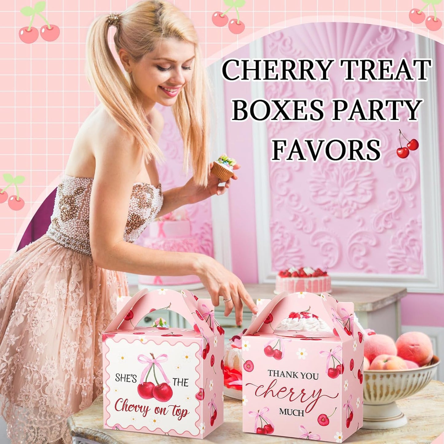 Marspark 24 Pcs Cherry Treat Boxes Pink Favor Bags with Handles She Is Cherry on the Top Candy Boxes Thank You Party Bags Gifts for Birthday Bridal Shower Baby Shower Wedding Supplies