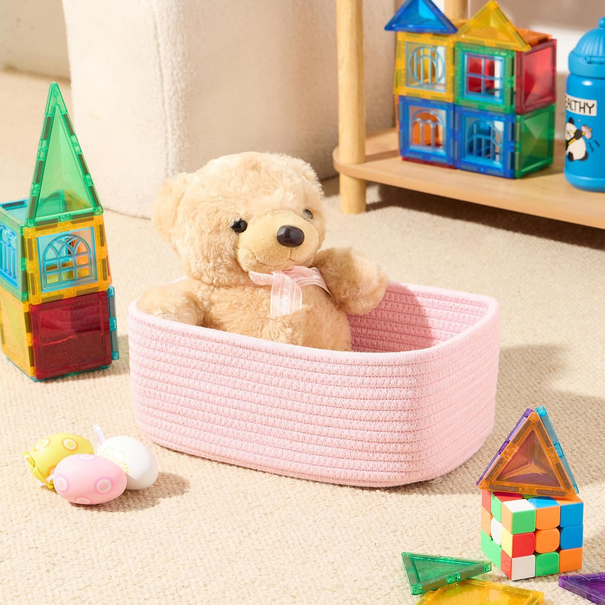 MiniArk Small Storage Baskets for Organizing | Closet Organizer Bins | Shelf Toy Basket | Woven Rope Baskets | Cube Decorative Box | Shallow Basket | 11.5x7.5x4.7” | 4 Packs Light Pink