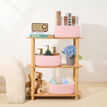 MiniArk Small Storage Baskets for Organizing | Closet Organizer Bins | Shelf Toy Basket | Woven Rope Baskets | Cube Decorative Box | Shallow Basket | 11.5x7.5x4.7” | 4 Packs Light Pink