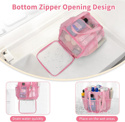 Shower Caddy Portable for College Dorm Room Essentials, Hanging Shower Caddy with Hook and Drawstring, Quick Dry Mesh Shower Bag with 6 Pockets for Bathroom, Swimming, Gym, Camping, Beach, Travel