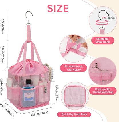 Shower Caddy Portable for College Dorm Room Essentials, Hanging Shower Caddy with Hook and Drawstring, Quick Dry Mesh Shower Bag with 6 Pockets for Bathroom, Swimming, Gym, Camping, Beach, Travel
