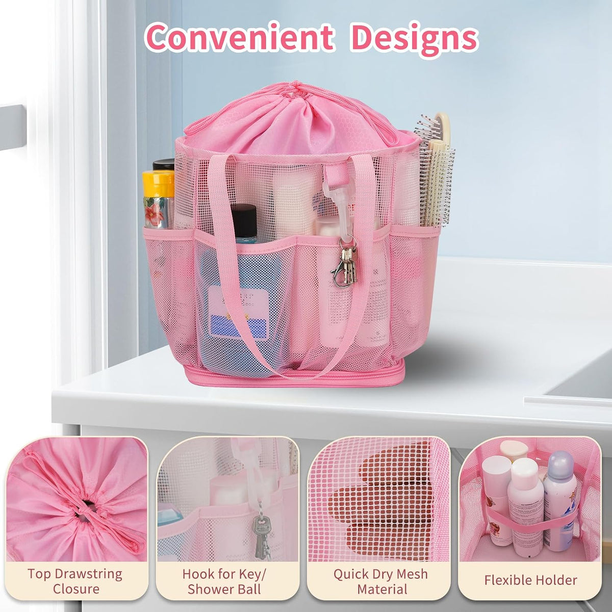 Shower Caddy Portable for College Dorm Room Essentials, Hanging Shower Caddy with Hook and Drawstring, Quick Dry Mesh Shower Bag with 6 Pockets for Bathroom, Swimming, Gym, Camping, Beach, Travel