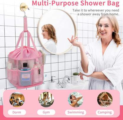 Shower Caddy Portable for College Dorm Room Essentials, Hanging Shower Caddy with Hook and Drawstring, Quick Dry Mesh Shower Bag with 6 Pockets for Bathroom, Swimming, Gym, Camping, Beach, Travel