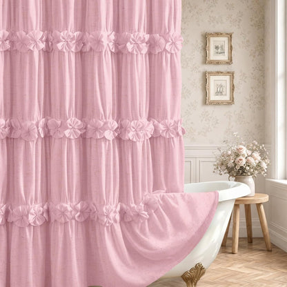 Ruffle Farmhouse Linen Shower Curtain with Vintage Pink Linen 72" W x 72" H