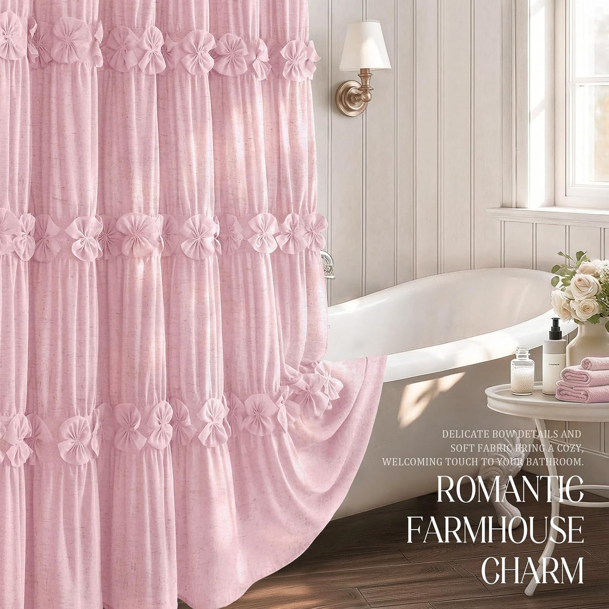 Ruffle Farmhouse Linen Shower Curtain with Vintage Pink Linen 72" W x 72" H