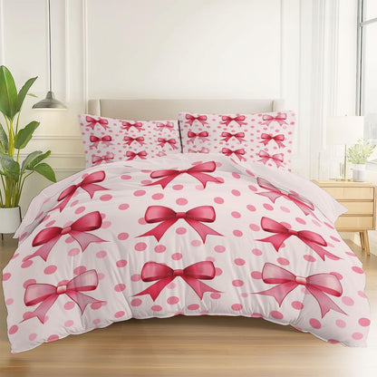 Duvet Cover King Size 104"x90" Bows Polka Dots Ribbons Printed Peach Pink Reversible Duvet Covers Set with Zipper Closure, Soft and Breathable Microfiber Bedding Set for All Seasons, Sweet Style