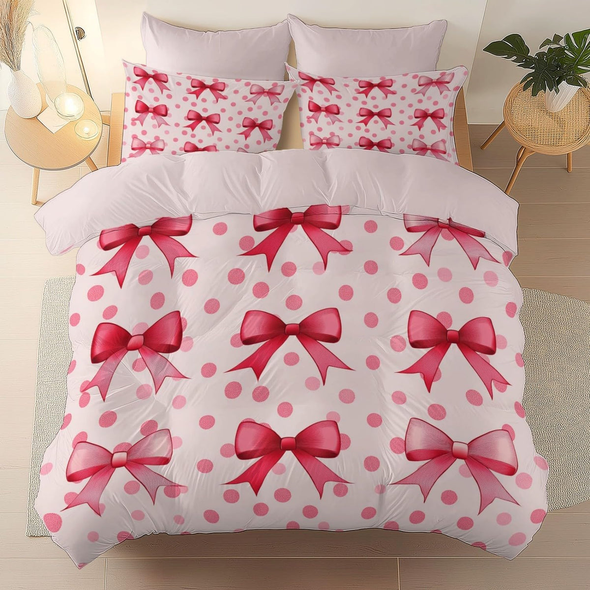 Duvet Cover King Size 104"x90" Bows Polka Dots Ribbons Printed Peach Pink Reversible Duvet Covers Set with Zipper Closure, Soft and Breathable Microfiber Bedding Set for All Seasons, Sweet Style